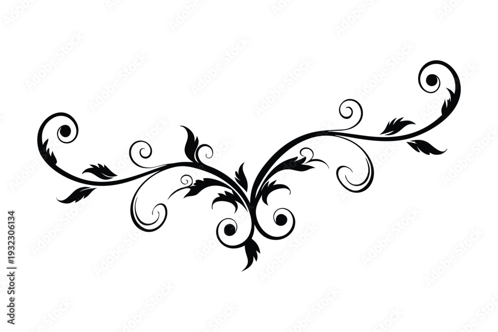 Fototapeta premium Black ornamental flourish with swirls and leaf motifs on white background