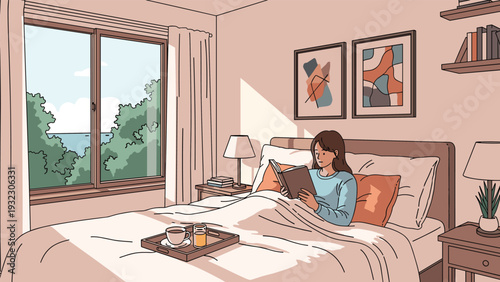 Woman relaxes in her cozy bed reading a book while a tray with coffee and orange juice sits on the white duvet during sunrise.