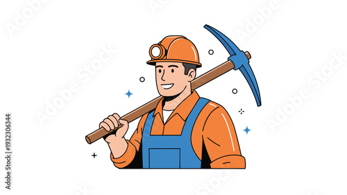 Happy miner wearing an orange helmet with a lamp carries a blue pickaxe on his shoulder against a clean white background.