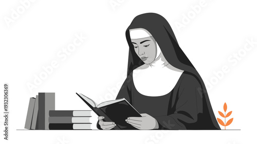Serene nun wearing a traditional black habit sits peacefully at a table while focused on reading a thick old book in monochrome.