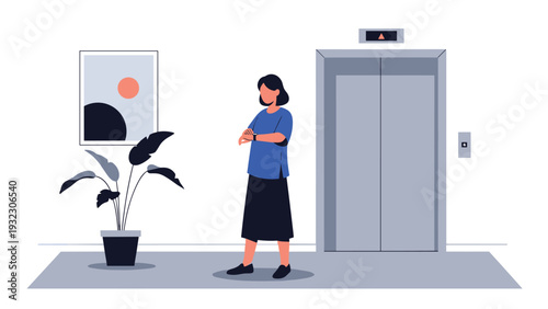 Businesswoman stands in a modern office hallway checking her watch while waiting patiently for the silver elevator doors to open.