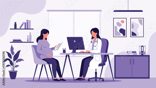 Pregnant woman reviews medical documents during a consultation with her female doctor in a purple themed clinic office.