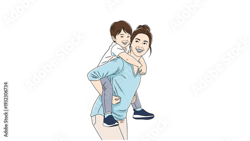 Joyful mother wearing a light blue shirt gives a fun piggyback ride to her young son against a clean white background.