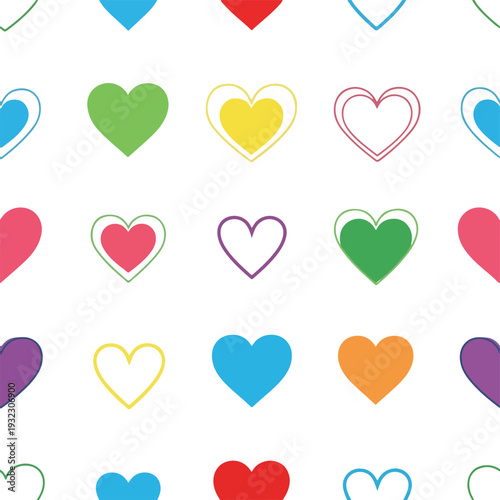 Repeated colorful heart shapes arranged on a bright white background