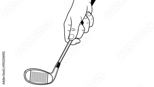 Detailed close up black and white line drawing shows a firm grip of a hand holding a professional golf club ready for a precise shot.
