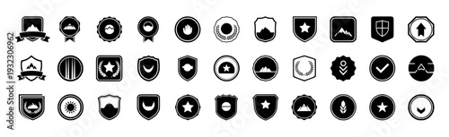 Large set of vintage badge and seal templates, decorative mountain shields and circular stamps collection vector illustration.