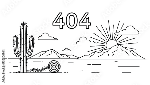 Minimalist black and white 404 error page design features a cactus and mountains under a bright rising sun in a desert.