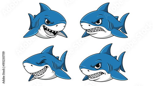Set of Cartoon Blue Sharks with Diverse Facial Expressions - Happy, Angry, and Sly Marine Character Illustrations