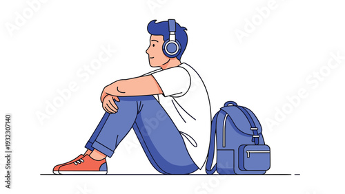 Happy boy wearing blue headphones sits on the ground with his backpack while enjoying music and looking forward with a smile.