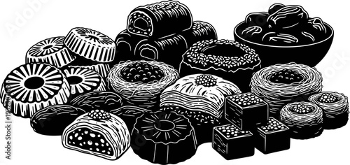 Abundant platter of detailed traditional middle eastern sweets and dates showcasing festive culinary variety vector illustration