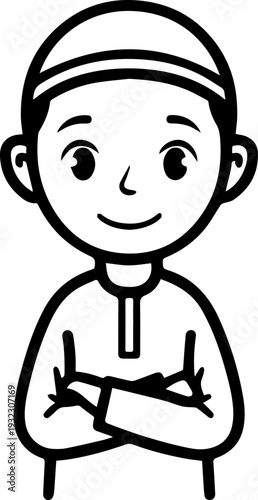 Smiling boy wearing traditional Muslim clothing and kufi cap