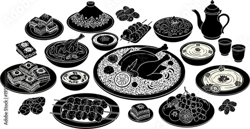 Abundant culinary feast featuring traditional middle eastern delicacies and roasted meats prepared for a grand festive celebration in a detailed graphic silhouette