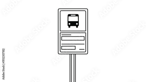 Simple black and white illustration of a rectangular bus stop sign featuring a bus icon and empty space for route information.