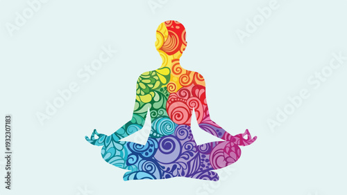 Silhouette of a meditating person in rainbow hues with floral patterns