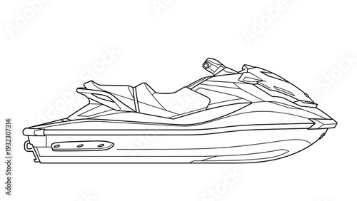 Personal watercraft outline drawing showing the side profile of a modern jet ski for summer recreation and sports.