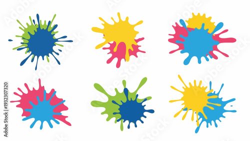 Six colorful ink splatters with diverse shapes and overlapping hues