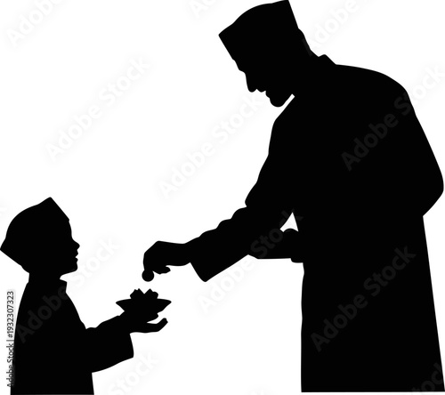 Benevolent muslim elder bestowing alms to a grateful child in a sacred act of charity silhouette