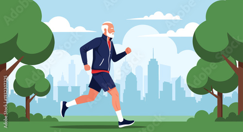 An active senior man with a white beard energetically jogs through a lush green city park, wearing a navy blue tracksuit, with a light blue urban skyline and puffy clouds forming a calm city backdrop