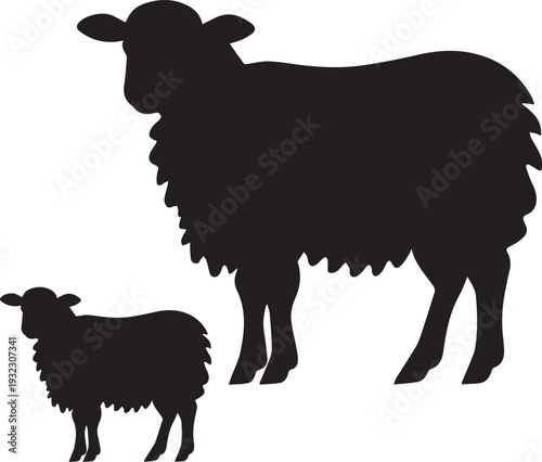 A black silhouette outline of a farm animal collection including a sheep, lamb, and cattle vector illustration for agriculture and nature drawing