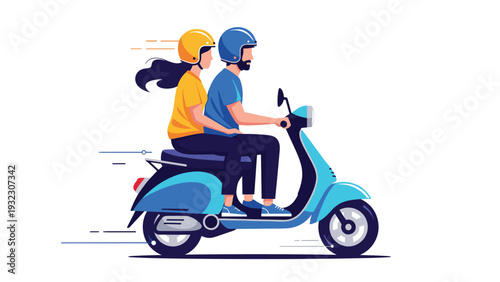 Couple riding together on a blue motor scooter through the city while wearing safety helmets for travel and transit.
