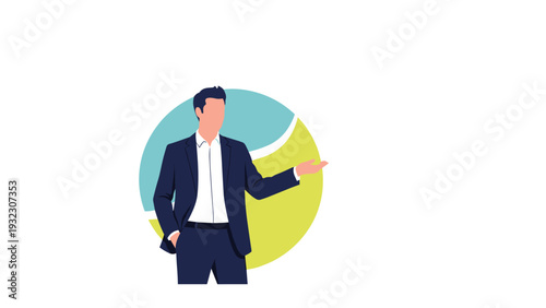 Confident businessman in a formal suit gesturing with his hand while standing against a circular graphic background.