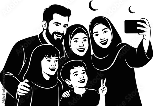 Blissful muslim family capturing a precious memory together via smartphone selfie during festive celebration graphic silhouette art
