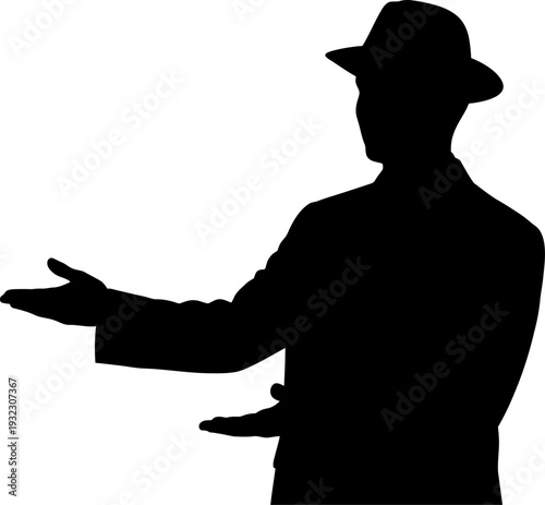 Charismatic presentation silhouette of a distinguished man in a fedora gesturing with open arms