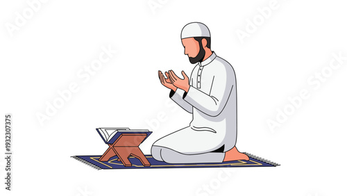 Muslim man performing prayer on a traditional rug with an open Quran on a wooden stand in a peaceful setting.