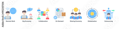 Work Evolution web banner icon vector representing modern workforce models,remote collaboration,gig economy,and global business flexibility