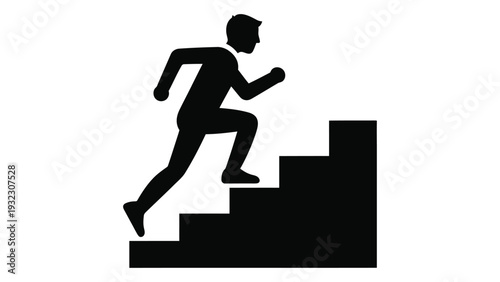 A man runs up a staircase in a black silhouette isolated on white background, Vector