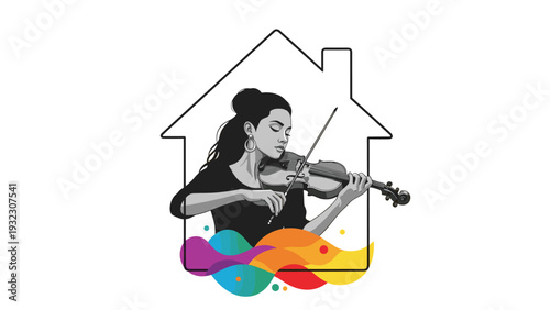 Woman playing the violin inside a house silhouette with colorful abstract sound waves representing music at home.