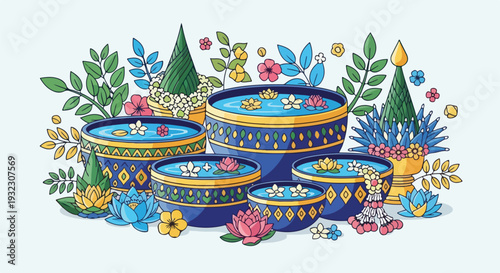 Stylized bowls with flowers and foliage create a festive, vibrant illustration