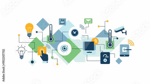 Stylized digital illustration of various connected smart home devices