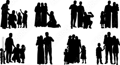 Comprehensive silhouette variety of muslim families engaging in diverse acts of affection and togetherness during a holiday festival