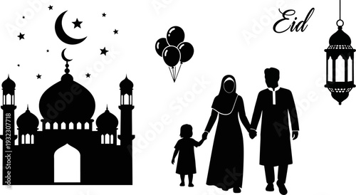Comprehensive silhouette composition featuring a mosque a family festive balloons and a lantern under the eid greeting for a holiday card design