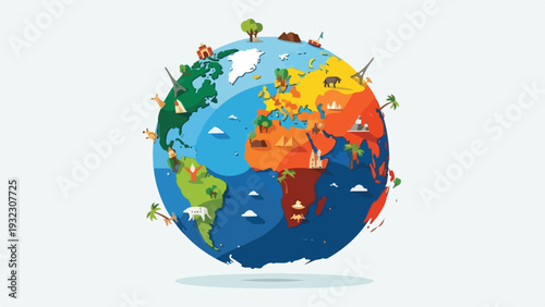 Stylized globe featuring continents with iconic landmarks and animals