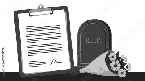Clipboard with a legal document next to a tombstone and a bouquet of flowers for estate planning or funeral service.