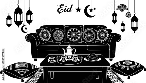 Cozy interior scene of a decorated living room prepared for eid guests with tea sweets and festive ornaments