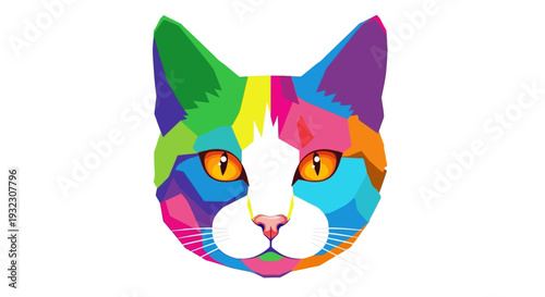 Vibrant geometric low-poly cat head illustration with colorful facets and bright orange eyes on a white background.