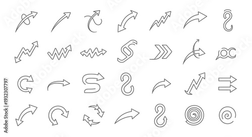 A comprehensive collection of diverse line art arrow icons in various styles and directions, suitable for user interface and graphic design.
