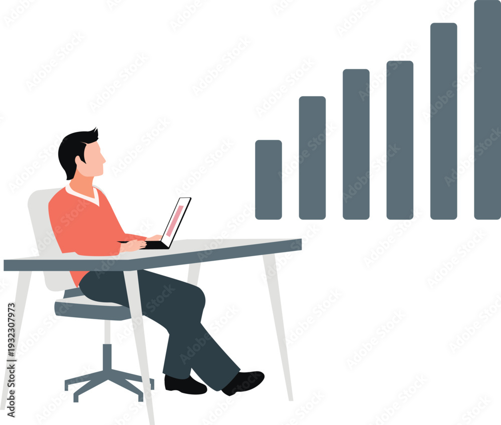 Fototapeta premium The boy is looking economic graph arrow up business working