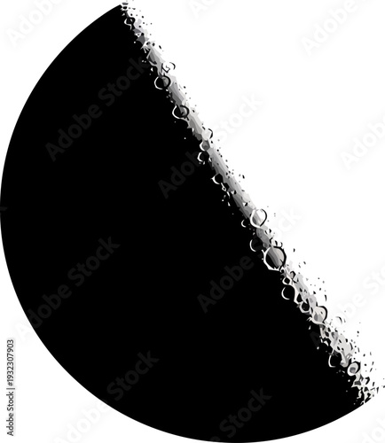 Detailed lunar surface silhouette of a crescent moon featuring textural crater details and rugged edge