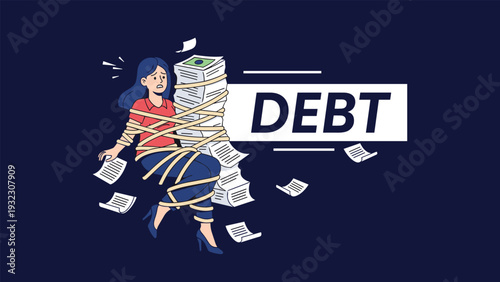 Stressed woman tied up with ropes and a large pile of documents labeled debt representing financial struggle.