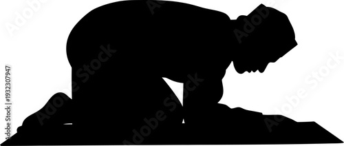 Devout silhouette of a muslim man in prostration during prayer symbolizing spiritual submission and inner peace vector design
