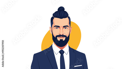 Professional man with a beard and hair in a bun wearing a formal suit and tie against a yellow circle background.