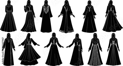 Diverse array of traditional womens abayas and islamic fashion styles showcased in a comprehensive fashion silhouette