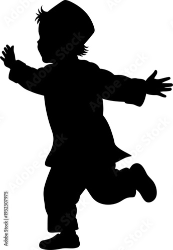 Dynamic silhouette of a jubilant child running with arms wide open expressing pure freedom and happiness during a festive religious occasion