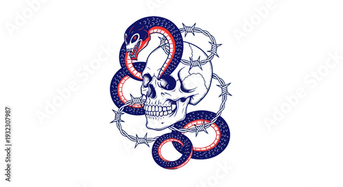 Skull Wrapped in Snake and Barbed Wire, Tattoo Style
