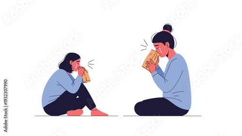 Two women crying into paper bags illustrating panic attacks or emotional distress in a conceptual art style scene.