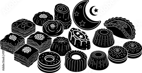 Exquisite arrangement of traditional middle eastern pastries and desserts arranged for a festive celebration under a crescent moon